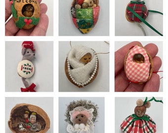 Vintage Choice of Christmas Ornaments - Walnut Shells and Hazelnuts - Mice, Nativity, Friend, Owl and More!