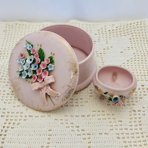 Vintage Set of Pink Fine China with Applied Flowers Vanity Set Trinket Dish Covered Bowl Norcrest
