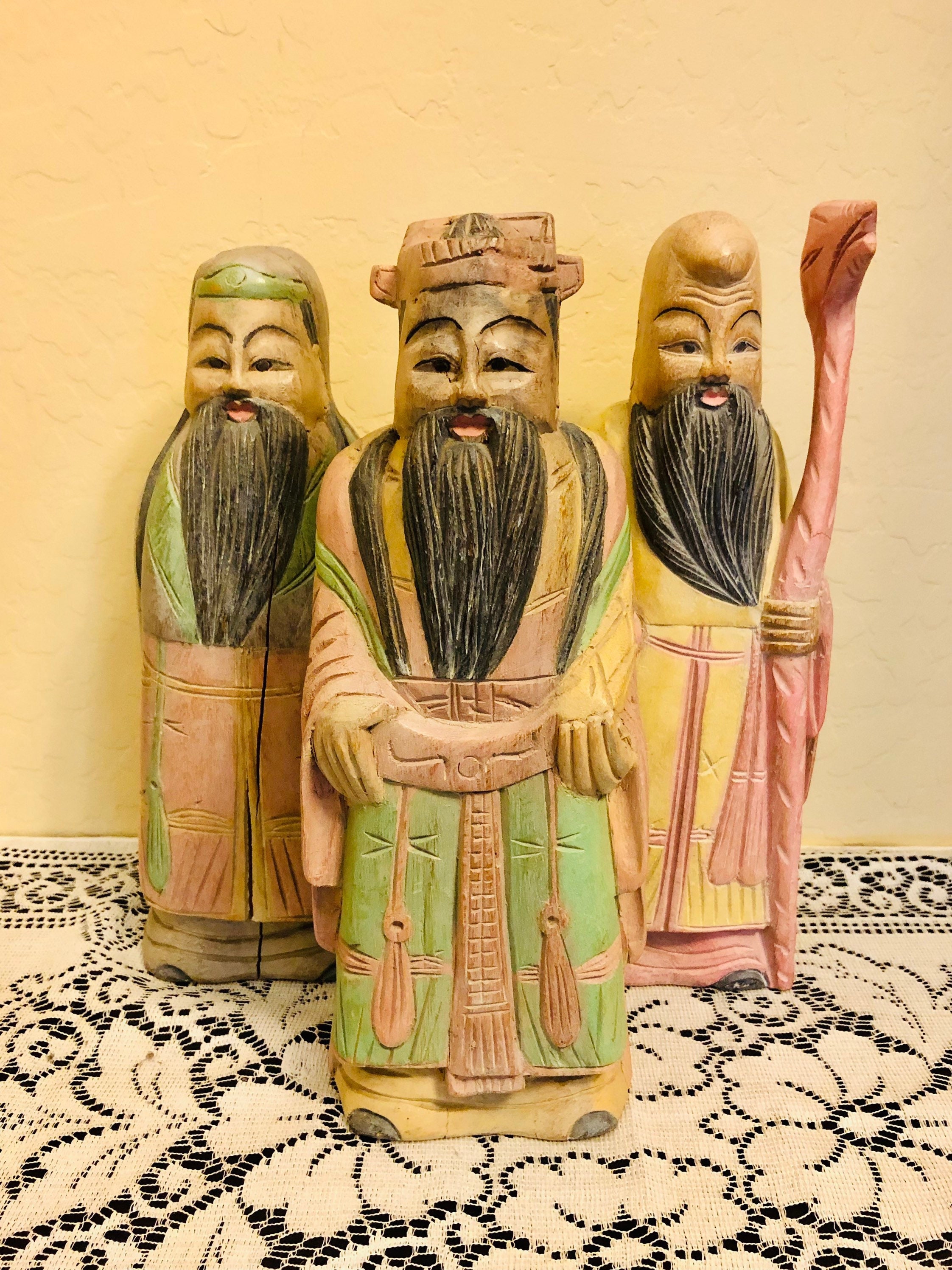 Vintage Antique 3 Immortals Hand Carved Wooden Statues Fuk
