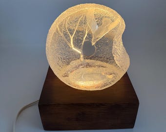Vintage *UNIQUE* Reverse Carved Night Light - Lucite Tree and Bird Display on Lighted Wooden Base - Signed by Artist Craig - 7" Tall