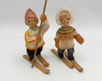 Vintage Pair of Henning Hand Carved Wooden Skiiers Made in Norway Mid Century