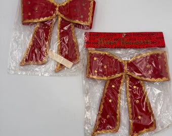 Vintage Set of 2 1970s Flocked Christmas Bows - Red Velvet Gold Sequin Holiday Decor NOS Hong Kong