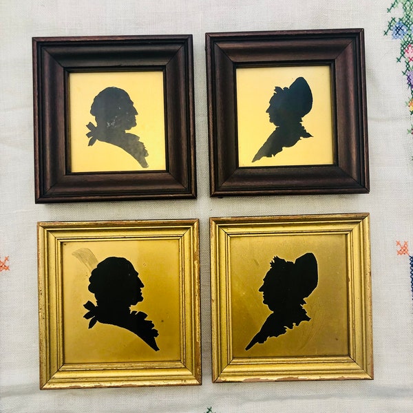 Vintage Choice of Framed Mini Silhouettes George & Martha Washington Black Ink on Gold Foil Buckbee Brehm 4" x 4"