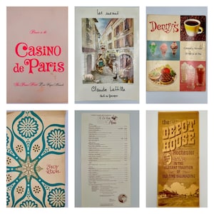 Selección de menús de restaurantes antiguos: Denny's, Claude Laffitte, Casino de Paris, The Depot House, Sydney Tower y Savoy Room, décadas de 1970 y 1980