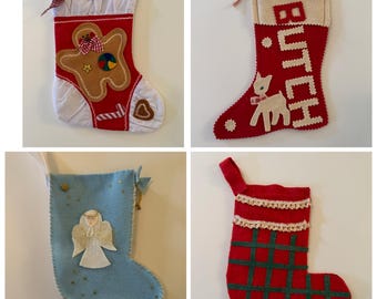 Choice of 1 Vintage Christmas Stocking - Gingerbread Angel Reindeer Plaid Folk Art Holiday Decor