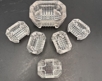 Vintage Set of 6 Master and Individual Crystal Salt Cellars Salt Dips - Glass - Waffle Patterned Bottom - Sit on Four Feet