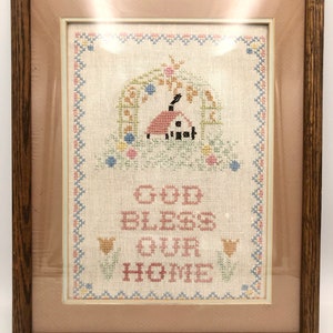 Vintage Cross Stitch Embroidery Art God Bless Our Home Hand Embroidered Framed Art