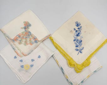 Vintage Lot of 4 Handkerchiefs Hankies - BLUES/YELLOWS - Variety of Patterns Styles & Shapes - Accents for Vintage Decor