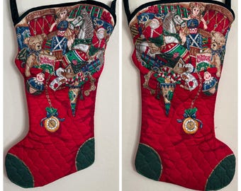 Choice of 1 Vintage JUMBO Christmas Stocking - Quilted Applique Toy Filled Victorian Santa Velvet Trim - Almost 3 Feet Tall!