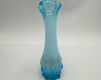 Vintage Fostoria Opalescent Blue Glass Vase with Ruffled Rim and Base - Rose Bud Vase - Queens Petticoat - 6" Tall