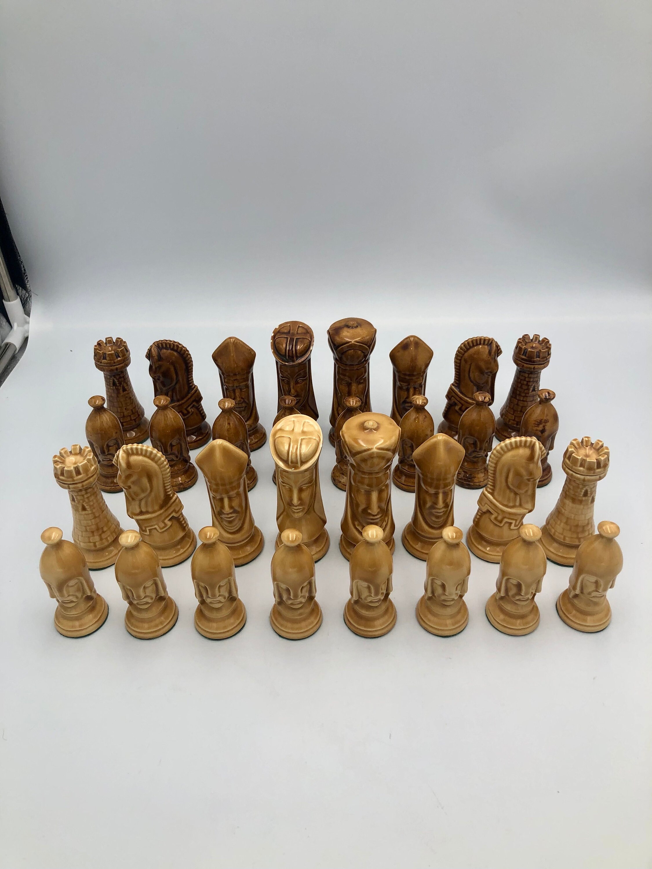 Ganine Gothic Sculptured Chess Set Checkers Board Lot w Box 1957 - Vintage