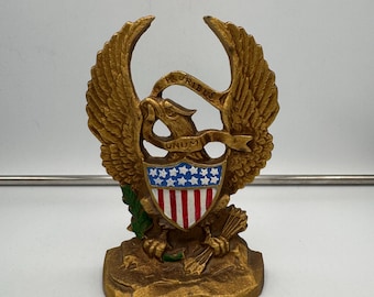 Vintage Patriotic Eagle Bookend Doorstop Heavy Metal Gold Tone American Shield E Pluribus Unum Americana Decor