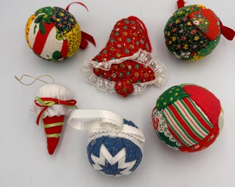 Vintage Set of 6 Vintage Fabric Christmas Ornaments - Quilted Balls Bell Ice Cream Cone