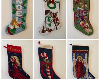 Choice of 1 Vintage Needlepoint Christmas Stocking - Angel Snowman Toys Candy Cane Velvet Holiday Decor