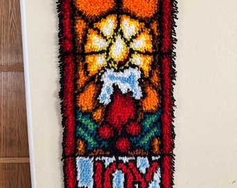 Vintage 1970s Christmas Latch Hook Wall Hanging Candle Holly JOY Stained Glass Style Fiber Art 27 x 12