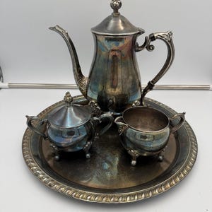 Vintage Leonard Silverplate 4 Piece Tea Set with Ornate Floral Details, Coffee Pot, Creamer, Sugar Bowl and Serving Tray