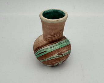 Vintage Garden of the Gods Swirl Mini Vase -Pottery with Earth Tones Browns and Greens - Bud Vase - Nemadji Style - 2-1/2 inches Tall