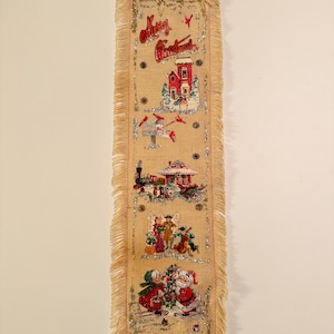 Suspension murale vintage de Noël en toile de jute - Papier découpé et paillettes - 32" de long