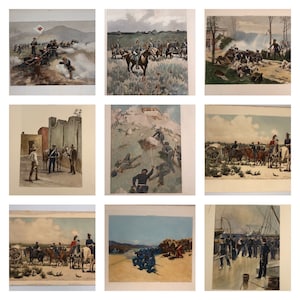 May include: A collection of nine vintage illustrations depicting military scenes. The illustrations are in a realistic style and feature soldiers in various uniforms and settings. Some of the scenes include soldiers on horseback, soldiers firing cannons, and soldiers marching in formation.