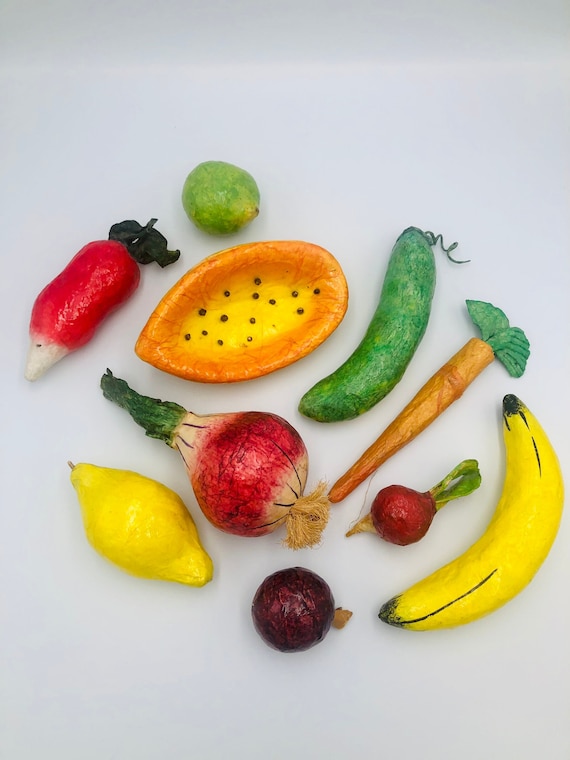 Vintage Paper Mache Fruit & Vegetable Set Hand Made 10 Pieces Etsy