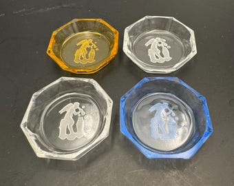Vintage Set of 4 HEINRICH HOFFMAN Art Deco Crystal Salt Cellars / Trinket Dishes - Glass - Intaglio Cupid Blowing Bubbles