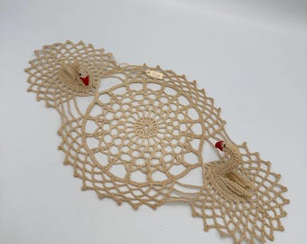 Vintage Triple Doily with Swans - Crocheted - 14" Long x 8" Wide - Ecru Off-White Table Topper Centerpiece