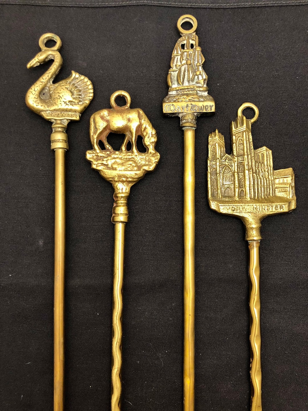 Vintage Set of 4 Brass Toasting Forks York Minster Mayflower Horse and Swan Fireplace Fire Pit