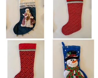 Choice of 1 Vintage Christmas Stocking - Santa Velvet Snowman Bucilla Style Felt Sequin Red Polka Dot Floral 18-24 Inch