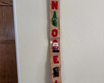 Vintage 1960s 70s NOEL Burlap Christmas Wall Hanging Felt Pom Pom Santa Elf Teddy Bear Snowman Holiday Decor