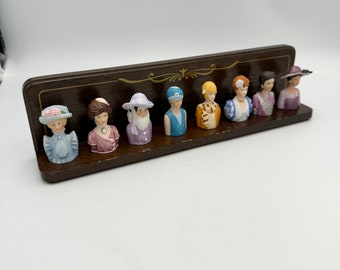 Vintage Decorative AVON Thimble Display Shelf with All 8 AVON Thimbles - Wooden Shelf with Sawtooth Hanger 1980s