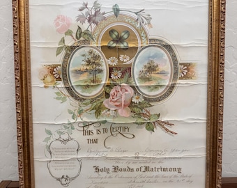 Antique 1904 Kansas Marriage Certificate Framed Victorian Wedding Document Four Leaf Clover