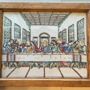 Vintage COMPLETED Religious Embroidery Artwork - The Last Supper - Framed Behind Glass