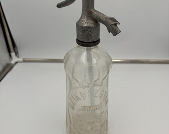 Botella de sifón rumana antigua de 30 cm (12") Cluj Szikvizgyar Johanna Botella de vidrio para agua con gas con tapa de metal
