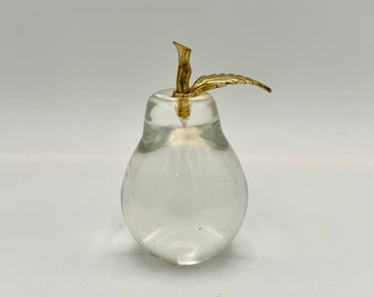 Vintage Pear Clear Glass Paperweight with Brass Stem and Leaf