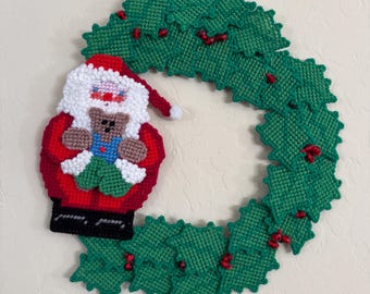 Vintage Plastic Canvas Christmas Wreath Santa Teddy Bear Holly Berry Handmade Yarn Wall Hanging 13 Inch