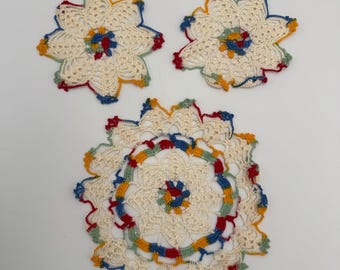 Vintage Set of 3 Doilies - Colorful Crochet - Accents for Vintage Decor - See Item Details for Sizes