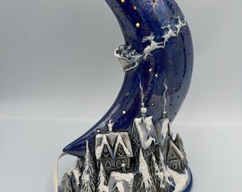 Vintage cerámica media luna escena de Navidad luz nocturna Santa Claus pintado a mano