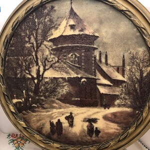 Vintage Artini Engraving in Round Gold Carvelo Frame Victorian Winter Scene Muted Colors