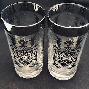 Vintage Kimiko MCM Silver Band Shield Crest Highball Cocktail Glasses (Set of 2) 1960s