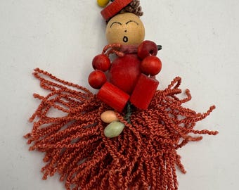 Vintage Jamaican Fruit Lady Wooden Bead Brooch Pin Orange Tassel Skirt Caribbean Style Folk Art Jewelry