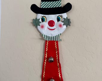Vintage 1960s Snowman Wall Hanging Made in Japan Plastic Face Bells Felt Christmas Door Decor 20 Inch