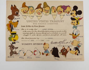 Vintage DISNEY War Bond - ORIGINAL - Issued 1945 - United States Treasury - Novelty Item Only - No Value - No Transfer of Ownership