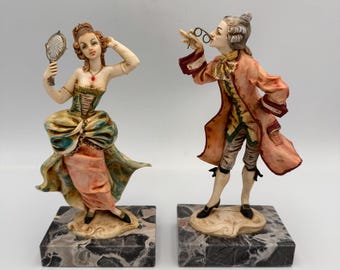 Vintage Pair of Figurines - Rococo Venetian Victorian Style - Carrara Marble Bases - Made in Italy - Measure About 7-1/2" Tall