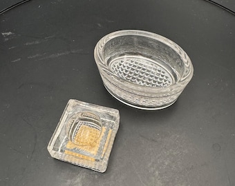 Vintage Set of 2 Master and Individual Crystal Salt Cellars Salt Dips - Glass - Waffle Patterned Bottom