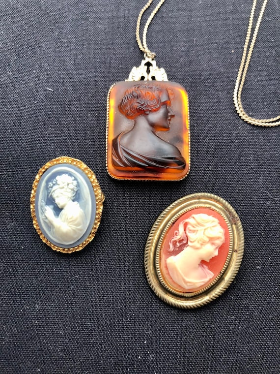 Vintage Set of Cameo Jewelry 3 Pieces 30" Necklac… - image 1