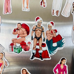 May include: A set of refrigerator magnets featuring various characters, including a man in a Santa hat and a mermaid. The magnets are colorful and feature a variety of designs.