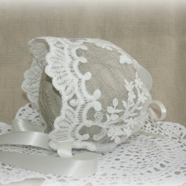 Lace Bonnet baby Bonnet Christening Baptism Bonnet hat Photography prop Newborn Accessories Ivory White sheer lace