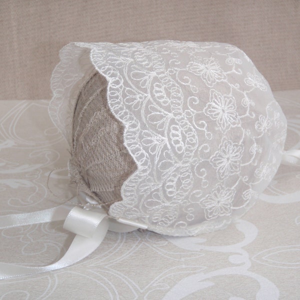 Newborn Lace Bonnet baby Bonnet Christening Baptism Bonnet hat Photography prop Newborn Accessories Ivory Cream sheer lace Sizes NB - 6 mths