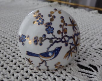 Blue Bird  on Branch Floral Ceramic Knob Drawer Pull ~ Blue White with Gold Inlay  Home Decor Dresser Cabinet ~ Elegant Romantic Elegant