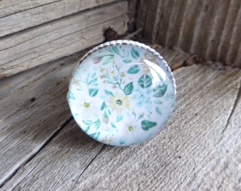 Cast Iron Distressed White with Pale Yellow & Green Floral Flower Glass Pattern Knob - Drawer Pulls - Beach Rustic Cottage Home Decor